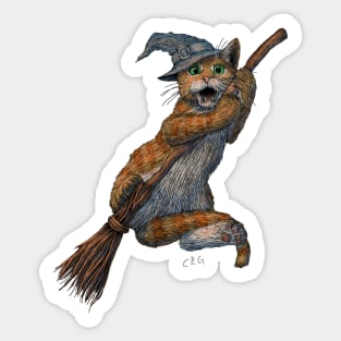 Funny Cat Witch Falling off a Broom Sticker